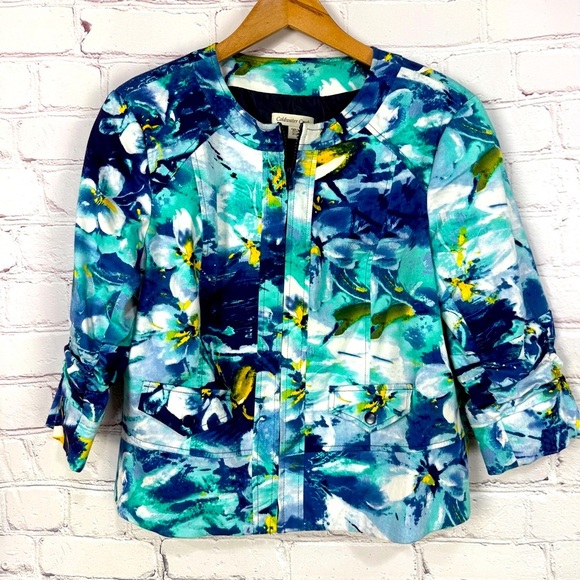 Coldwater Creek Floral Zip Jacket P16 Petite Blue Green White Ruched sleeves - Picture 1 of 6